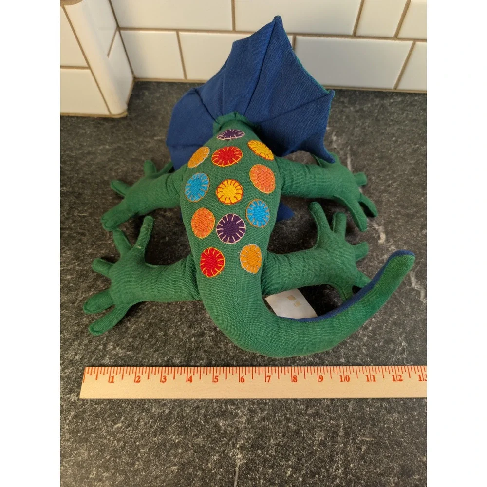 Barbara Sansoni Barefoot Sri Lanka Handwoven Frilled Lizard Plush Green Blue Toy